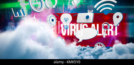 Digitally generated image of storm clouds  against virus alert against blue technology design with binary code Stock Photo