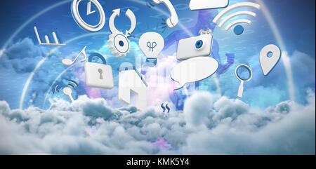 Various internet icons against composite image of blue character running Stock Photo