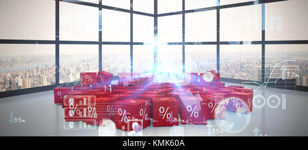 Digitally generated image of 3d solar panel with battery against room with large window showing city Stock Photo
