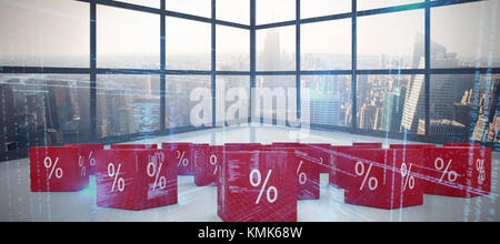 Vector sign of percentage against room with large window showing city Stock Photo