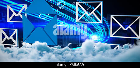 Digitally composite image of storm clouds  against blue light beams over skyscrapers Stock Photo
