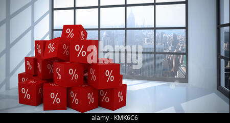 Vector icon of percentage symbol against room with large window showing city Stock Photo