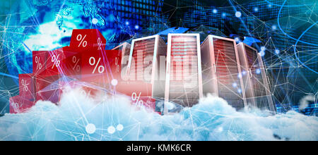 Digitally generated image of fluffy clouds  against business and stock exchange Stock Photo