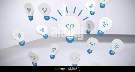 Glowing light bulb icon against abstract room Stock Photo