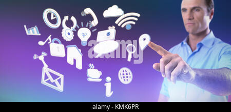 Male executive pressing an invisible virtual screen against purple and pink background Stock Photo
