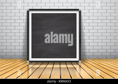 Mock up for presentation framed signboard standing on glossy wooden floor, Chalkboard wood frame. Stock Vector