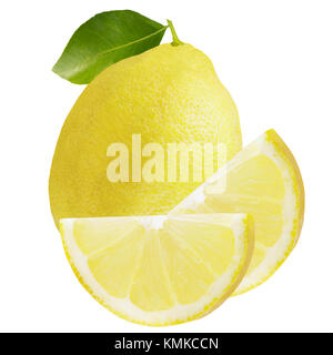 Isolated lemons. One whole lemon and two slices isolated on white background with clipping path  for package design. Stock Photo