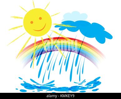 Landscape with rainbow in the sky, the sun is shining and it rains, weather design over white background, vector illustration Stock Vector