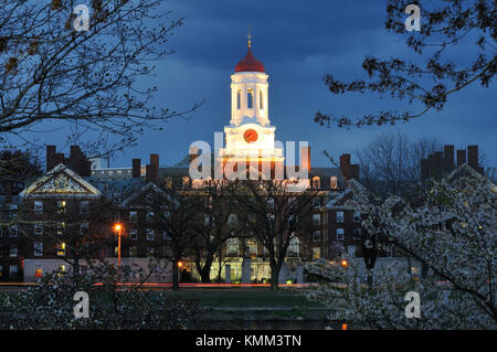 Harvard University at night. White tower and red dome of Dunster House, a student residence building. Stock Photo
