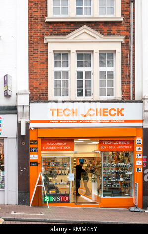 Premises of Tech Check, mobile phone and vape shop in Bromley High Street. Stock Photo