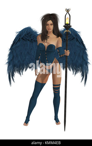 Blue winged angel with dark hair standing holding a torch Stock Photo