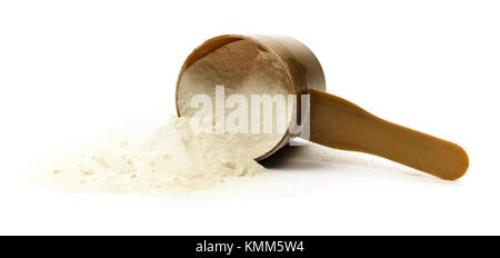 Isolated measuring scoop of protein powder on a white background. Stock Photo