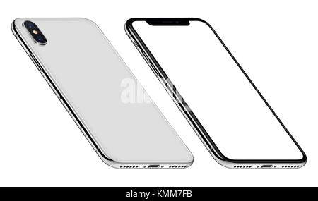 White perspective smartphone similar to iPhone X mockup front and back sides CCW rotated. Stock Photo