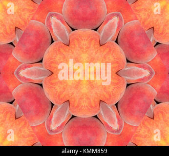Abstract background with geometric kaleidoscopic design obtained from ripe peaches pile at the Farmer's market Stock Photo