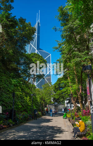 Bank of China Tower through Hong Kong Park, Hong Kong Stock Photo