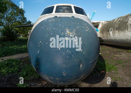 old rusty abandoned airplanes, front close-up view Stock Photo