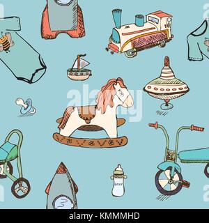 Baby, child toys hand drawn elements seamless pattern. Skeched doodle elements train, bicycle, horse, rocket and toy ship. Stock Vector