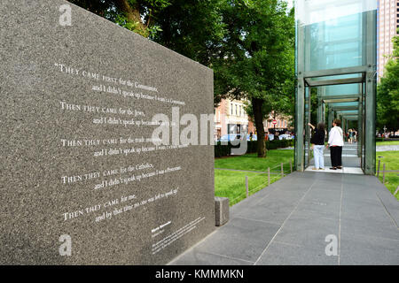 BOSTON, MASSACHUSETTS - June 18, 2012: Detail of Martin Niemoeller words on New England Holocaust Memorial in Boston, MA. Stock Photo