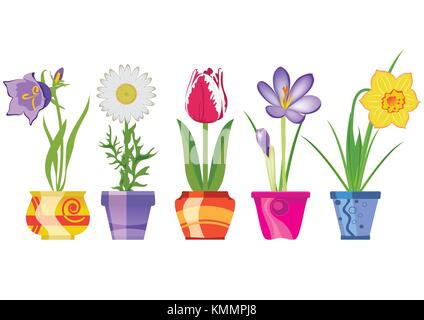 Spring Flowers In Pots, Isolated On White Background, Vector Illustration Stock Vector