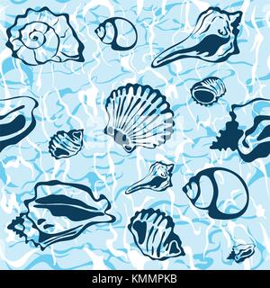 Seamless seashell background, marine vector pattern Stock Vector