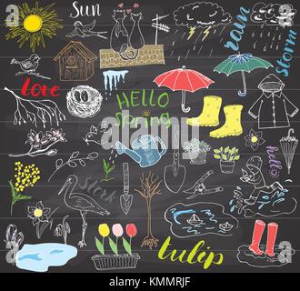 Spring season set doodles elements. Hand drawn sketch set with umbrella, rain, rubber boots, raincoat, flovers, garden tools, nest and birds. Drawing  Stock Vector