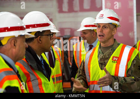 U.S. Lt. Gen. Vandal, 8th Army commanding general, briefs the hospital's construction progress to Congressmen, Mike Coffman and Anthony Brown, at Camp Humphrey in South Korea, Nov. 24, 2017. Lt. Gen. Vandal invited Congressmen to show the status of United States of America Garrison Humphreys transition, 8th Army mission, and service members' welfare. (U.S. Army Stock Photo