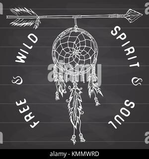 Dream catcher and arrow, tribal legend in Indian style with traditional dreamcatcher with bird feathers and beads. Vector illustration, letters Free a Stock Vector