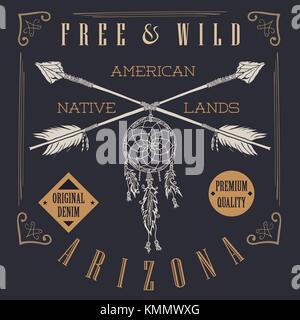 Hand drawn tribal label with crossed arrows, feathers and letteringv ...