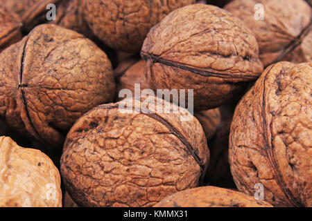 Walnut texture. Brown big walnuts as background. walnut nuts pattern close up photo. Stock Photo