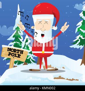 Santa Claus singing with hands in rocker pose. Vector cartoon character illustration. Stock Vector