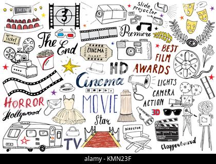 Cinema and Film Industry Set. Hand Drawn Sketch, Vector Illustration Stock Vector