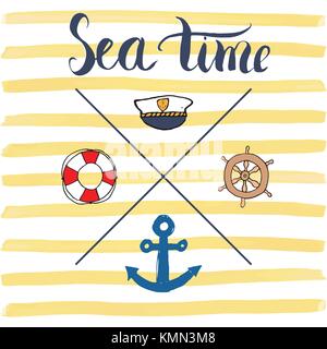 Summer Vector Illustration, Anchor, Navy objects and Lettering Stock Vector