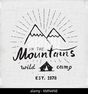 Mountains handdrawn sketch emblem. outdoor camping and hiking activity, Extreme sports, outdoor adventure symbol, vector illustration on grunge backgr Stock Vector