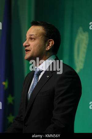 Taoiseach Leo Varadkar speaking at the Government Press Centre in Dublin after the European Commission announced that 'sufficient progress' has been made in the first phase of Brexit talks. Stock Photo