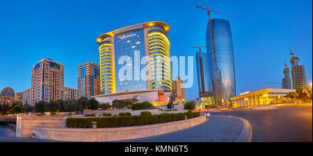 BAKU, AZERBAIJAN - OCTOBER 9, 2017: Panorama of hotel complexes of Baku neighbors with coastal promenade of the city, on October 9 in Baku Stock Photo