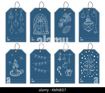 Winter and New Year gift tags set. Hand drawn sketch greeting cards tamplate with doodles festive elements. Vector illustration Stock Vector