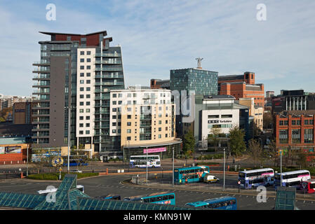 Tower apartment apartments high rise highrise blocks block of flats and BBC TV Yorkshire city town centre Leeds West Yorkshire England UK Britain Stock Photo