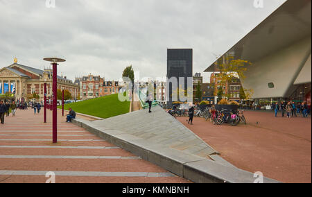 Museumplein (Museum Square) with Concert-Gebouw on left and Stedelijk Museum extension by Benthem Crouwel Architects on the right, Amsterdam, Holland Stock Photo