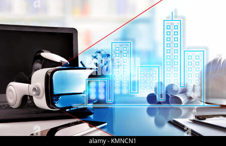 Black and white virtual reality glasses on architect office table with building 3d representation. Horizontal composition. Front view Stock Photo