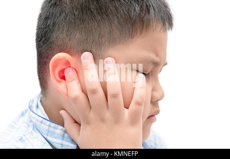 Obese fat boy touching his painful ear isolated on white background, health care concept Stock Photo