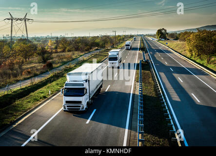 Caravan of white trucks in line on country highway Stock Photo