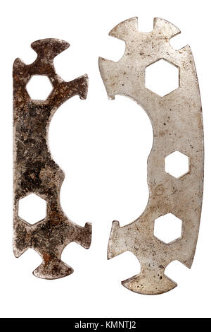 Two old bike repair wrenches isolated on white background Stock Photo