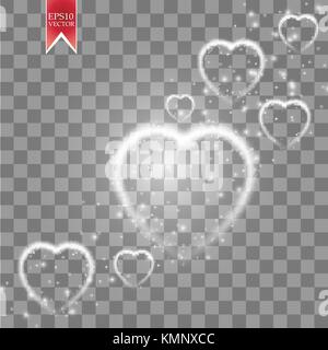 Happy Valentines Day greeting card. I Love You. 14 February. Holiday background with falling hearts with arrow, light, stars on transparent background. Vector Illustration Stock Vector