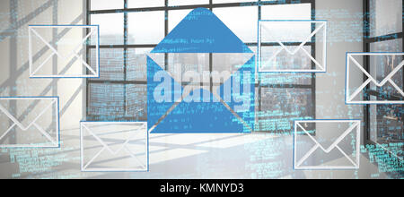 Composite image of binary codes against room with large window showing city Stock Photo