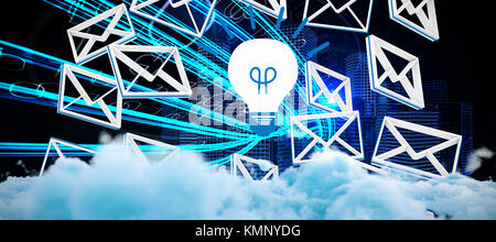 Digitally generated image of fluffy clouds  against blue light beams over skyscrapers Stock Photo