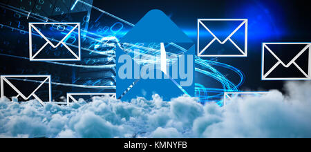 Digitally generated image of dark storm clouds  against blue light beams over skyscrapers Stock Photo