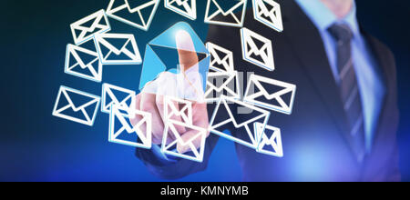 Mid section of businessman touching index finger on invisible screen against blue background with vignette Stock Photo