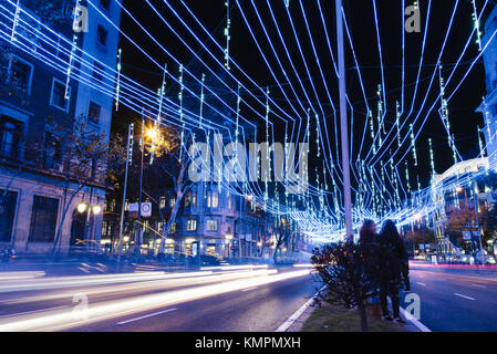Madrid, Spain. December 8, 2017. Christmas lighting in Madrid. This year the lighting has new designs, such as on Calle de Alcala, from Cibeles to Puerta de Alcala, where the lighting evokes the sky of Madrid covered with stars. Juan Jimenez/Alamy Live News Stock Photo