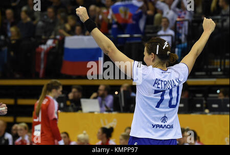 Oldenburg, Germany. 8th Dec, 2017. Russia's Mayya Petrova celebrates victory in the Women's Handball World Championship match between Denmark and Russia at the EWE Arena in Oldenburg, Germany, 8 December 2017. Credit: Carmen Jaspersen/dpa/Alamy Live News Stock Photo