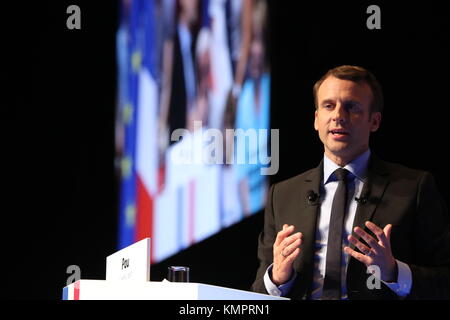 Pau ( France) April, 12 2017 ; Meeting of Emmanuel MACRON Candidate in the French  presidential election in 2017 of the Movement 'En Marche' with Franois BAYROU President of Modem, who offers his support in Zenith of Pau Credit: Sebastien Lapeyrere/Alamy Live News. Stock Photo